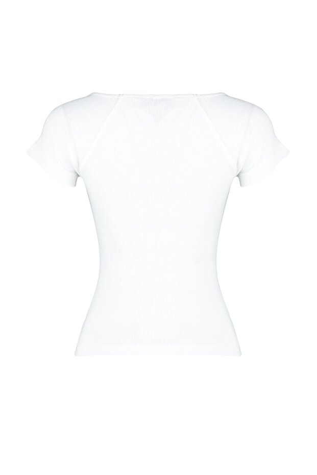 Beyaz Fitted/Vücuda Oturan Fitilli Pamuk Esnek Örme Bluz TWOSS21BZ0579 - 8