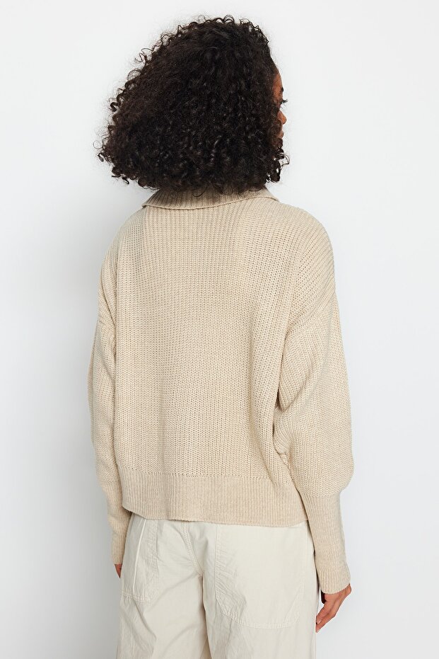 Taş Geniş Kalıp Devrik Yaka Fermuarlı Triko Hırka TWOAW24HI00072 - 5