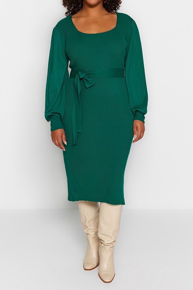 Zielona prążkowana dopasowana sukienka midi z dzianiny Tbbaw23Ah00032 - 3