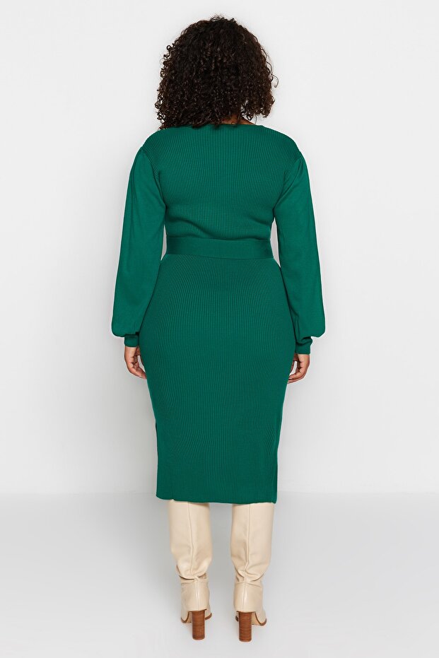 Zielona prążkowana dopasowana sukienka midi z dzianiny Tbbaw23Ah00032 - 5
