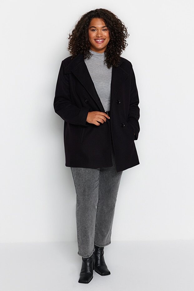 Black Regular Fit Double-Closure High-Neck Wool Blend Coat Tbbaw24Dd00010