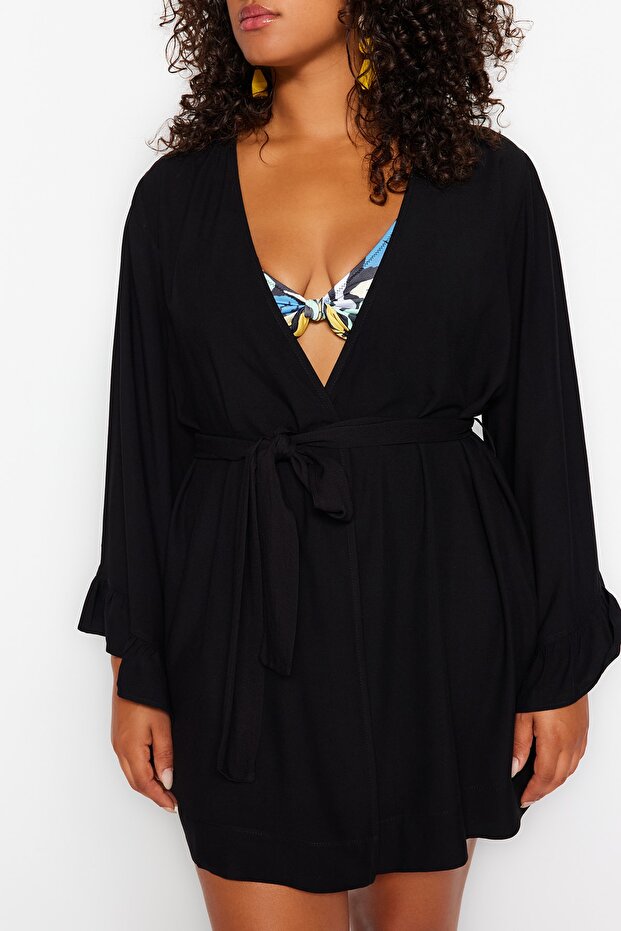 Siyah Kolu Fırfırlı Volanlı Viskon Plaj Giyim Dokuma Büyük Beden Kimono&Kaftan TBBSS23DE00001 - 4