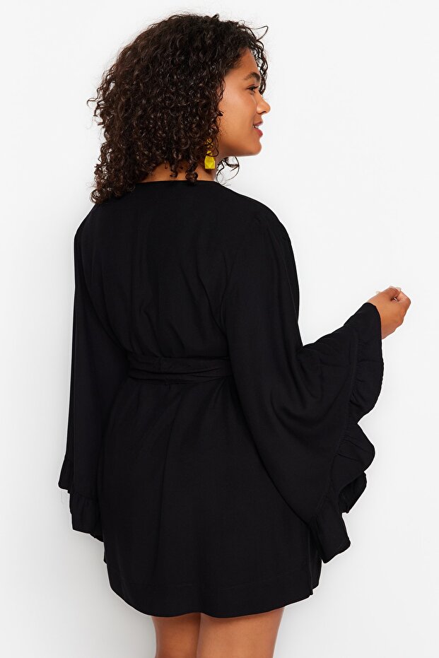 Siyah Kolu Fırfırlı Volanlı Viskon Plaj Giyim Dokuma Büyük Beden Kimono&Kaftan TBBSS23DE00001 - 5