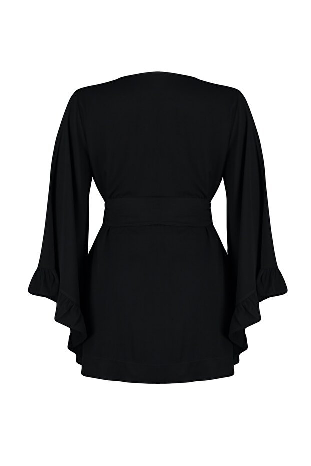 Siyah Kolu Fırfırlı Volanlı Viskon Plaj Giyim Dokuma Büyük Beden Kimono&Kaftan TBBSS23DE00001 - 8