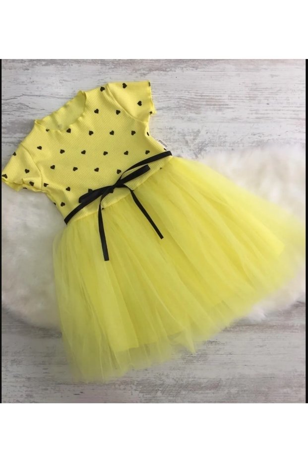 heart printed yellow tulle dress for girls aged 2-7 (for birthdays, special days and nights)