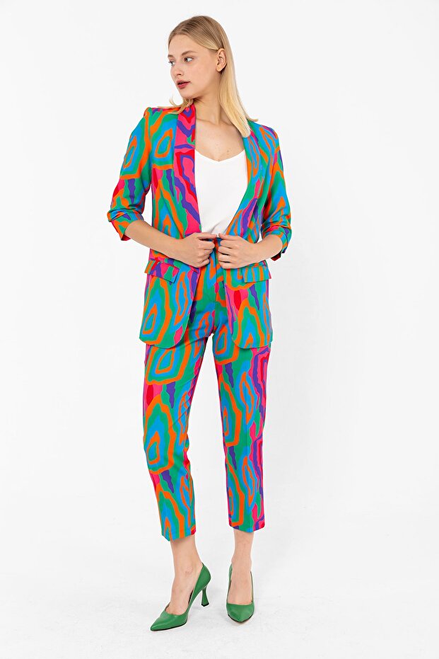 High Waist Collared Patterned Women's Trousers
