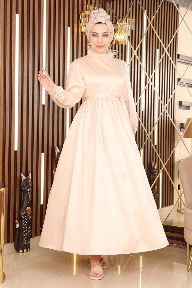 Feather Detailed Satin Evening Dress Beige 19123