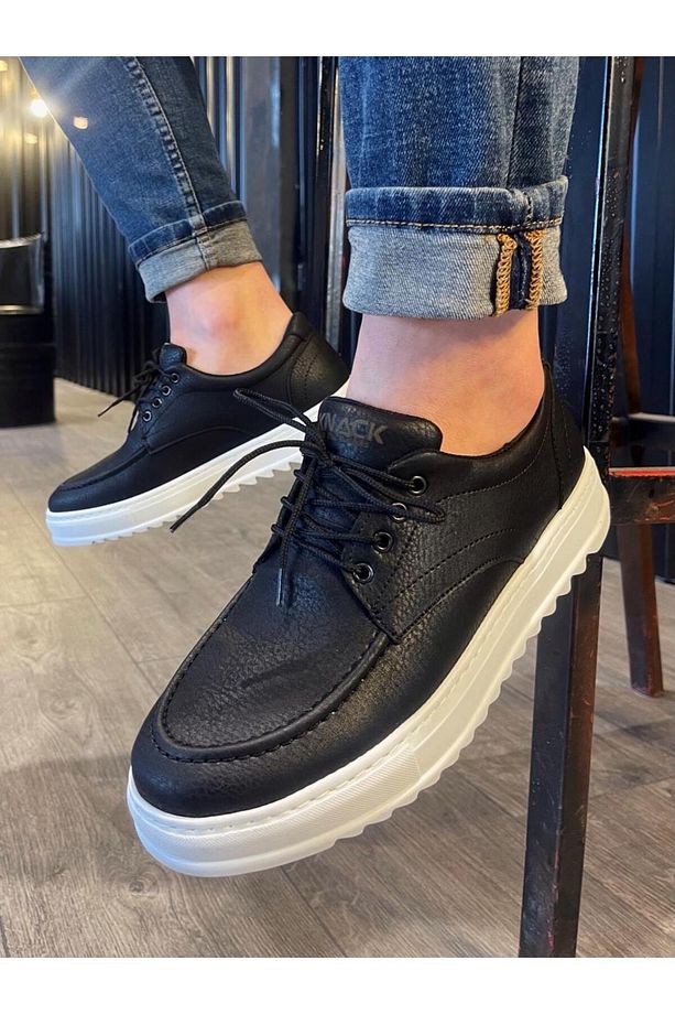 P-T12 Bağcıklı Yüksek/Kalın Ortopedik Taban Erkek Sneaker Klasik Ayakkabı BT Siyah - 3