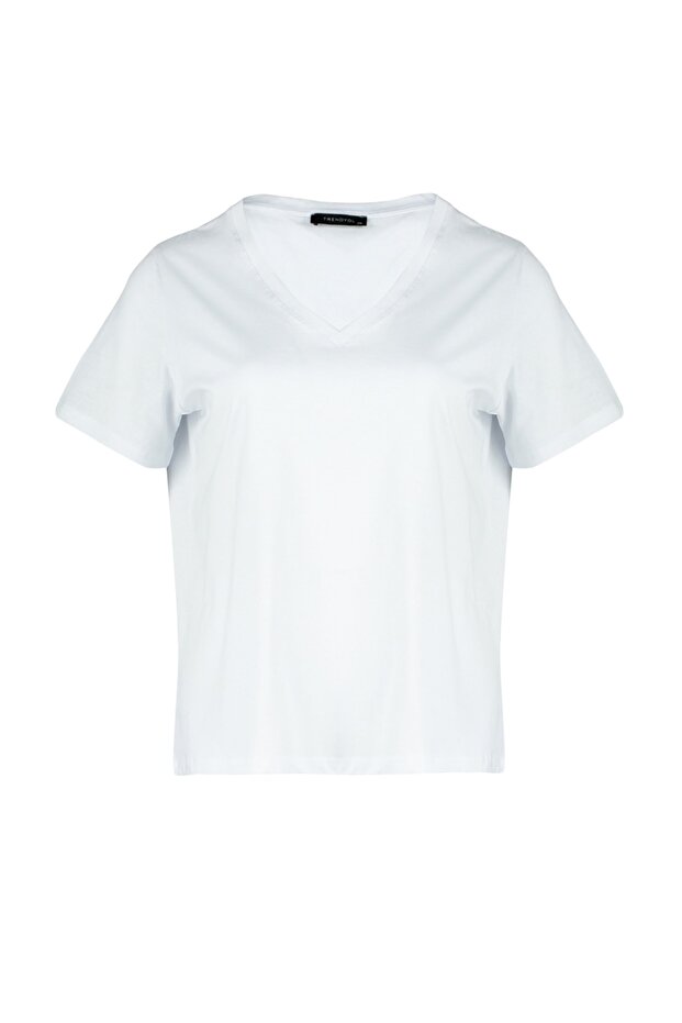 Beyaz V Yaka Basic %100 Pamuk Örme T-Shirt TBBSS22BF0028 - 6