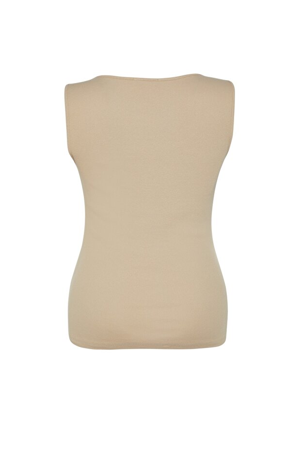Bej Basic Fitilli Kare Yaka Örme Büyük Beden Atlet TBBSS22AL0011 - 8