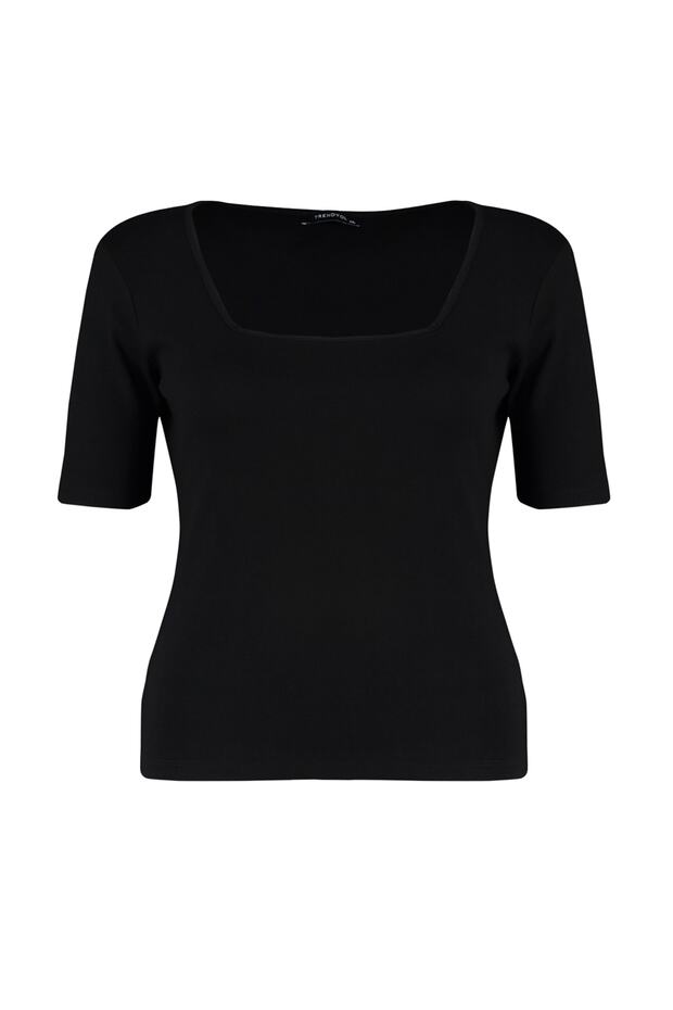Siyah Fitted Kare Yaka Kaşkorse Örme Büyük Beden Basic T-Shirt TBBSS22BF0027 - 6