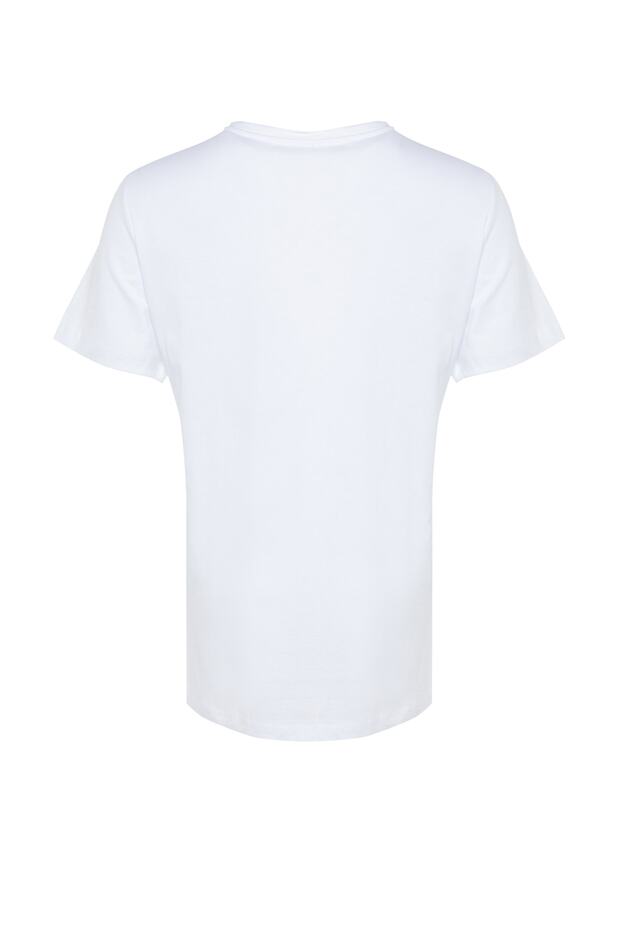 Beyaz Relaxed Bisiklet Yaka Yırtmaçlı %100 Pamuk Örme T-Shirt TBBSS22BF0031 - 8