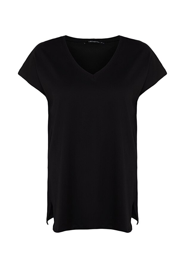 V-nyakú fekete Boyfriend póló - 100% pamut, hasított TBBSS22BF0036 - 8