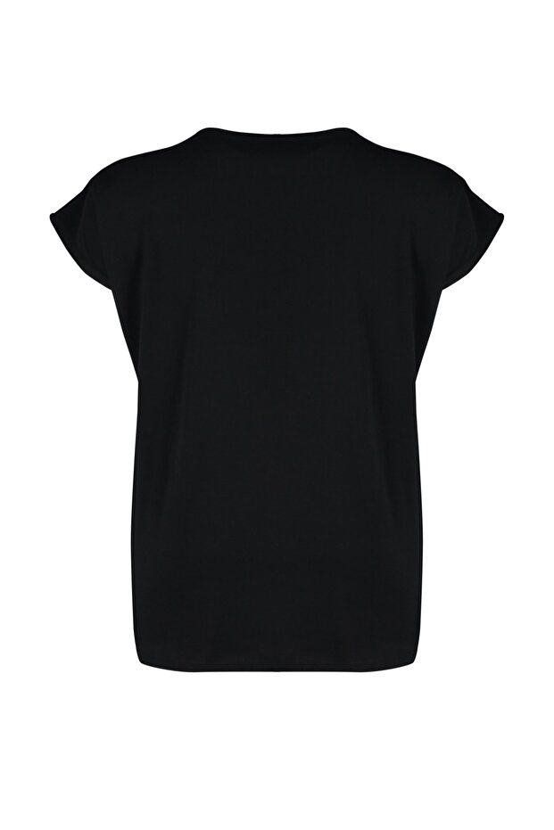 Czarny T-shirt z okrągłym dekoltem - 100% bawełny, detale rękawów TBBSS22BF0023 - 8