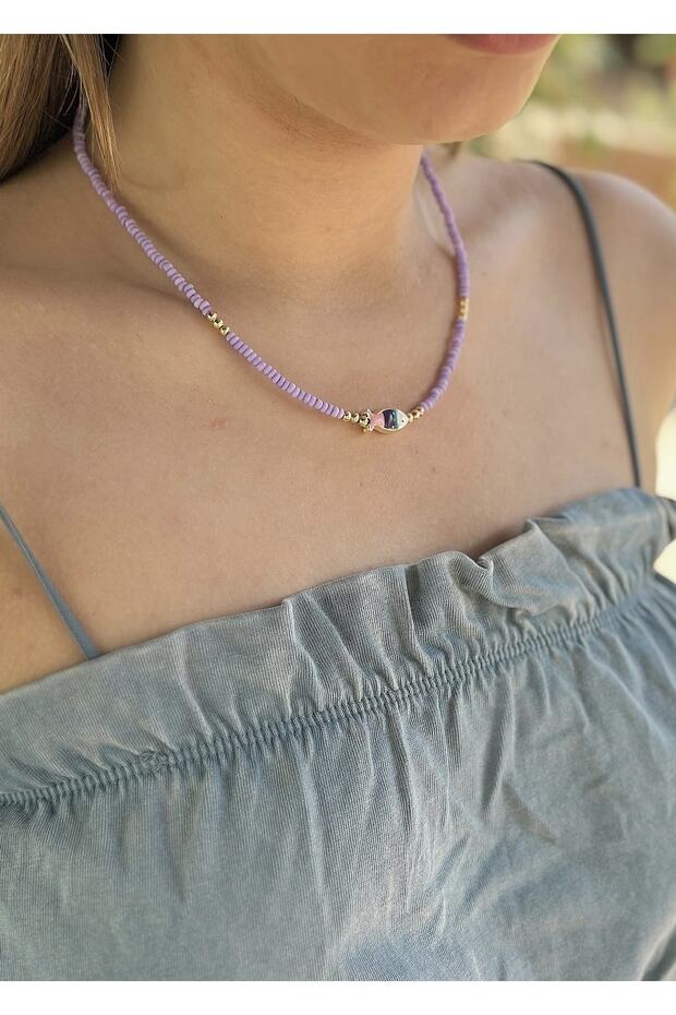 Fish lilac bead enamel women's necklace