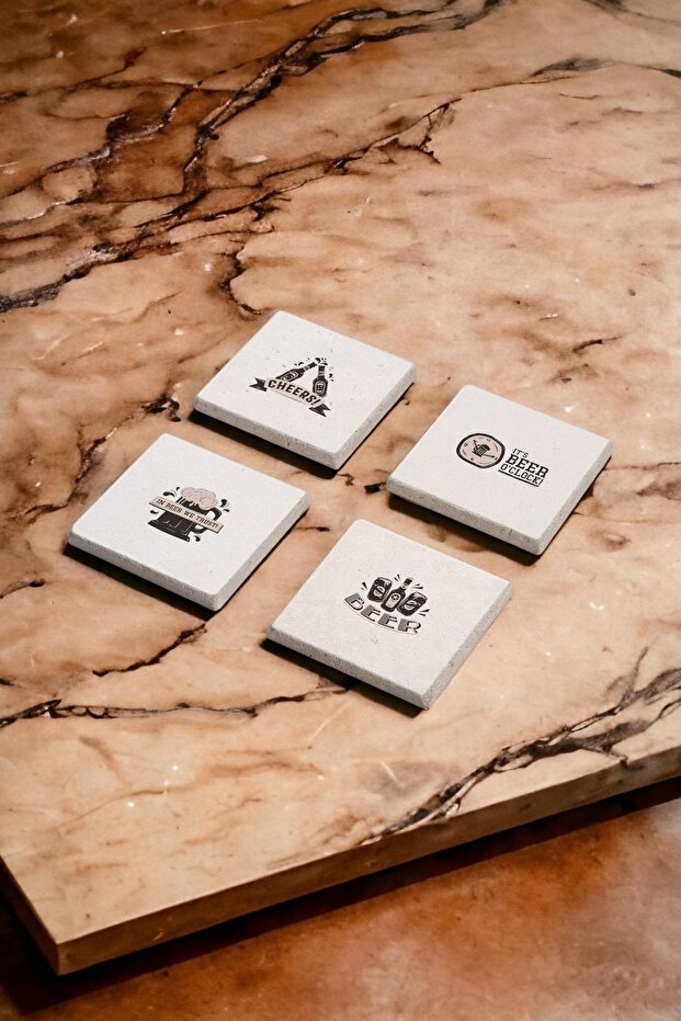 Beer Themed Natural Stone Travertine Coasters Set of 4