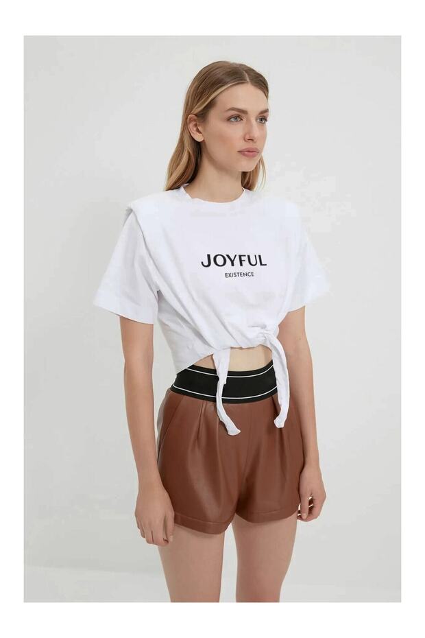 Sloganlı Bel Detay Örme T-Shirt - 3