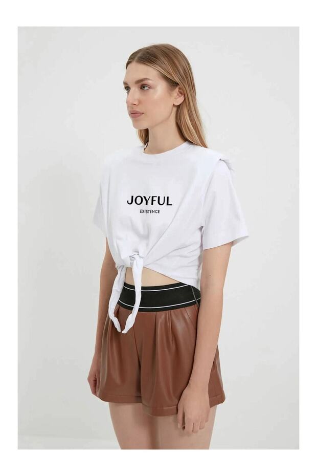 Sloganlı Bel Detay Örme T-Shirt - 4