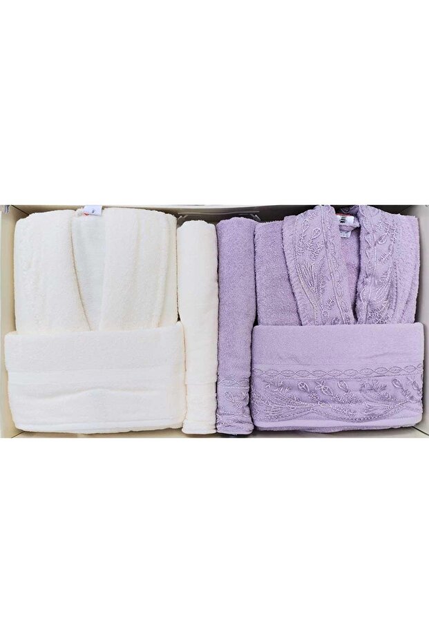 Ruby Aile Bornoz Seti Krem-Mürdüm - 1