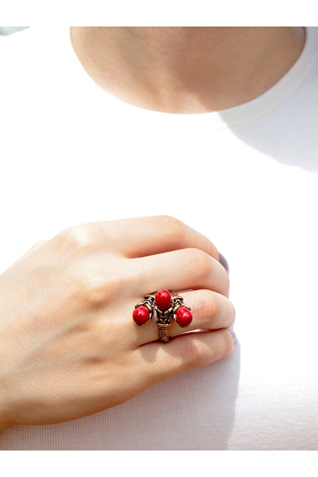 Natural Stone 3-Piece Coral Natural Stone Embroidered Adjustable Women's Ring