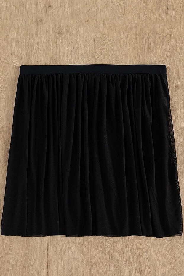 Kadın Siyah Tül Beli Lastikli Etek Görünümlü Pareo - 2