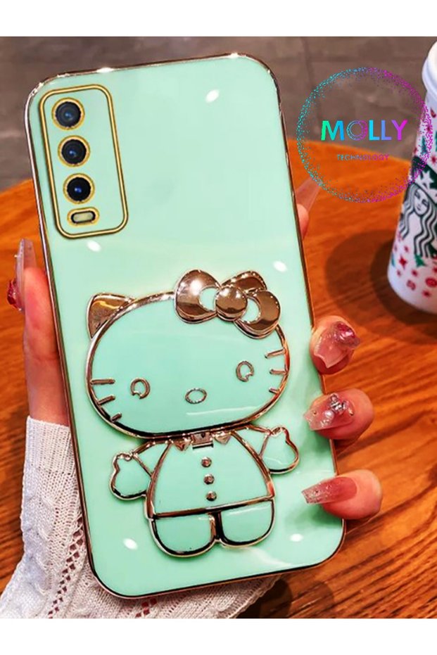Water Green Hello Kitty Standing Luxury Silicone Case For Vivo Y20s With Gold Detailed Edges
