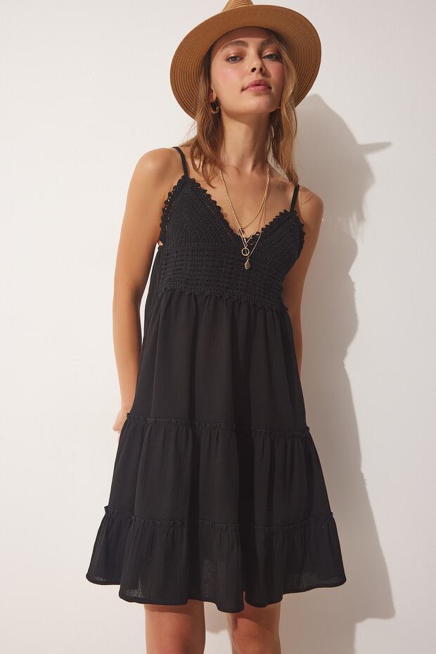 Women's Black Strap Laced Knitted Dress RV00121