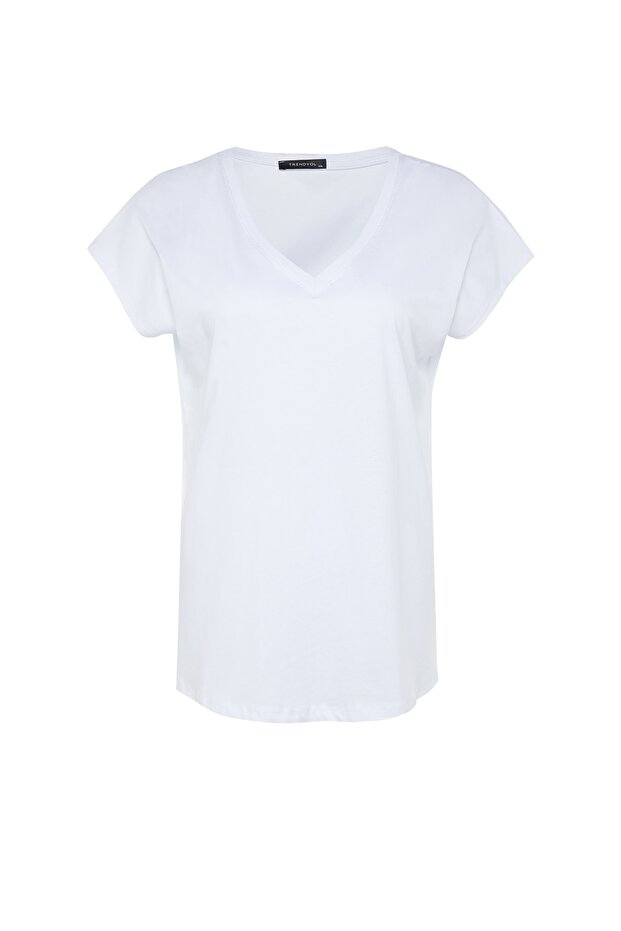Beyaz Relaxed V Yaka Yırtmaçlı %100 Pamuk Örme T-Shirt TBBSS22BF0036 - 6