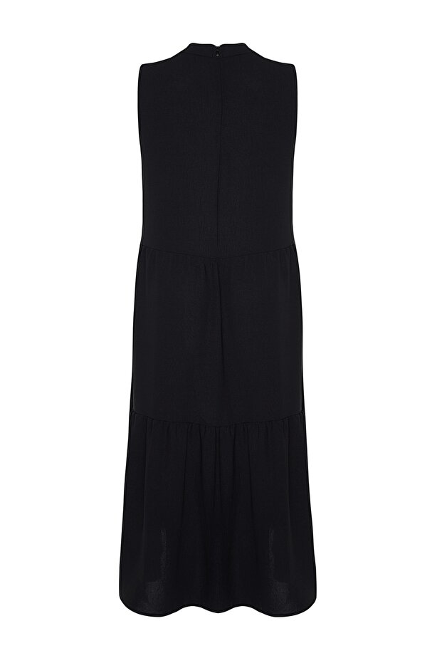 Siyah Shift/Düz Kesim Dik Yaka Midi Dokuma Elbise TBBSS22EL1593 - 8