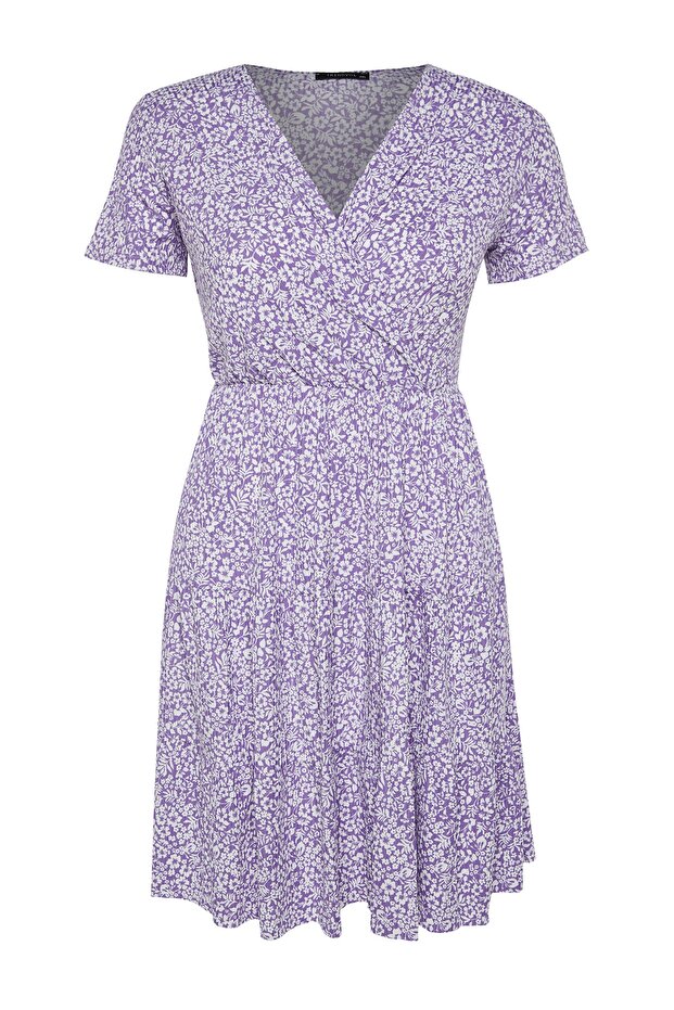 Люлякова плетена рокля с голям размер с флорален принт с V-образно деколте Tbbss22El1638 - 6