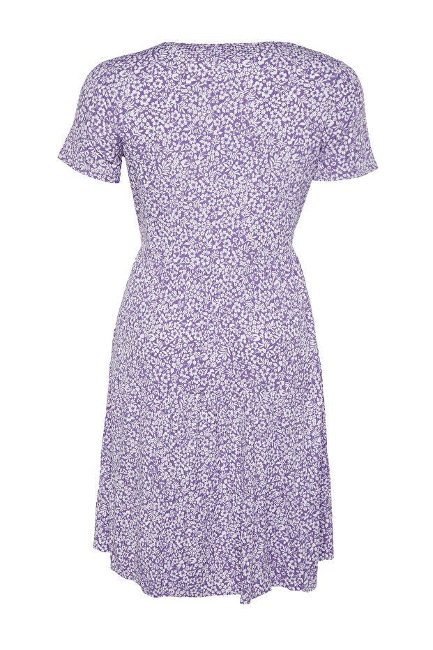 Люлякова плетена рокля с голям размер с флорален принт с V-образно деколте Tbbss22El1638 - 8