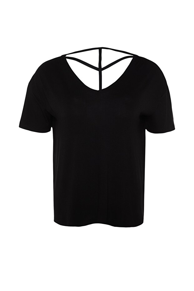 Siyah Oversize Fit Yaka Detaylı Büyük Beden Örme T-Shirt TBBSS22TS0877 - 6