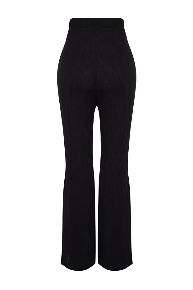 Siyah Yüksek Bel Flare İspanyol Paça Örme Büyük Beden Pantolon TBBSS22PL0416 - 4