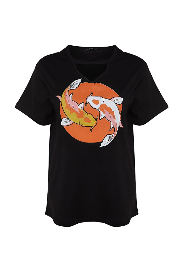 Siyah Oversize Fit Balık Baskılı %100 Pamuk Örme Büyük Beden T-Shirt TBBSS22TS2121 - 6