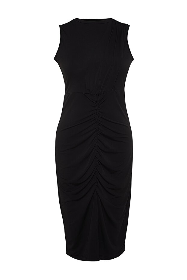 Siyah Bodycone/Vücuda Oturan Kemerli Drape ve Yırtmaçlı Örme Elbise TBBSS22AH00008 - 7