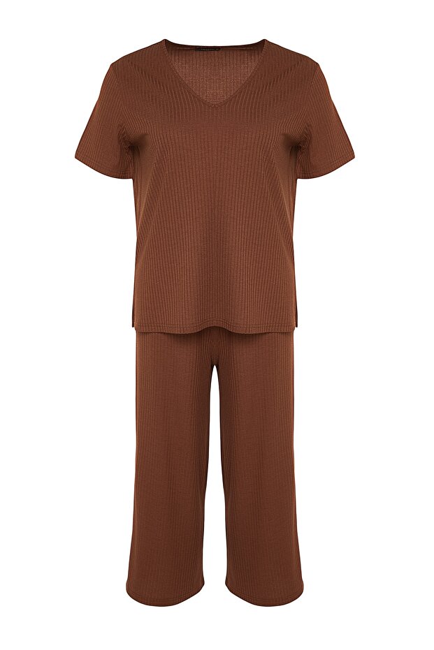 Kahverengi Fitilli V Yaka Capri Boy Örme Pijama Takımı TBBSS22PT0237 - 7