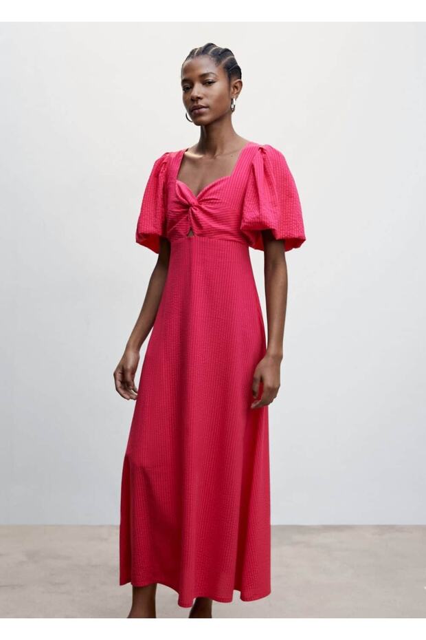 Balon Kollu Dokulu Elbise - 1