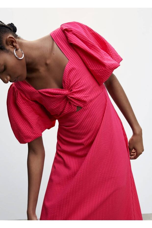 Balon Kollu Dokulu Elbise - 7