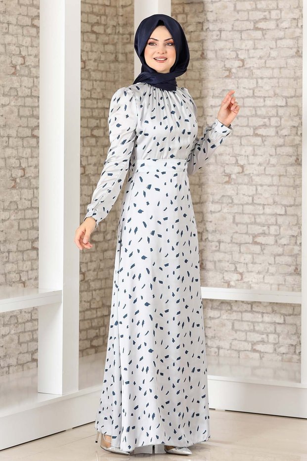 Silk Satin Patterned Dress Gray - Fashion Showcase Design - FSC3043