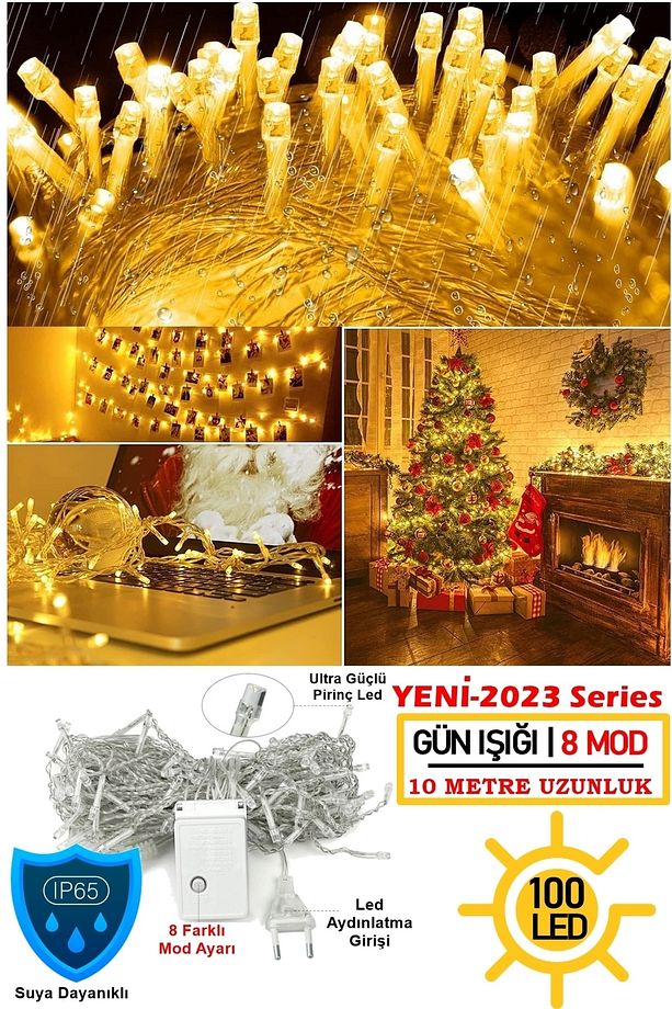 100led Fişli Pirinç Led 10 Mt Sarı 8 Modlu Şerit Led Dekor Lambası Animasyonlu Yılbaşı Ağacı Işığı - 1
