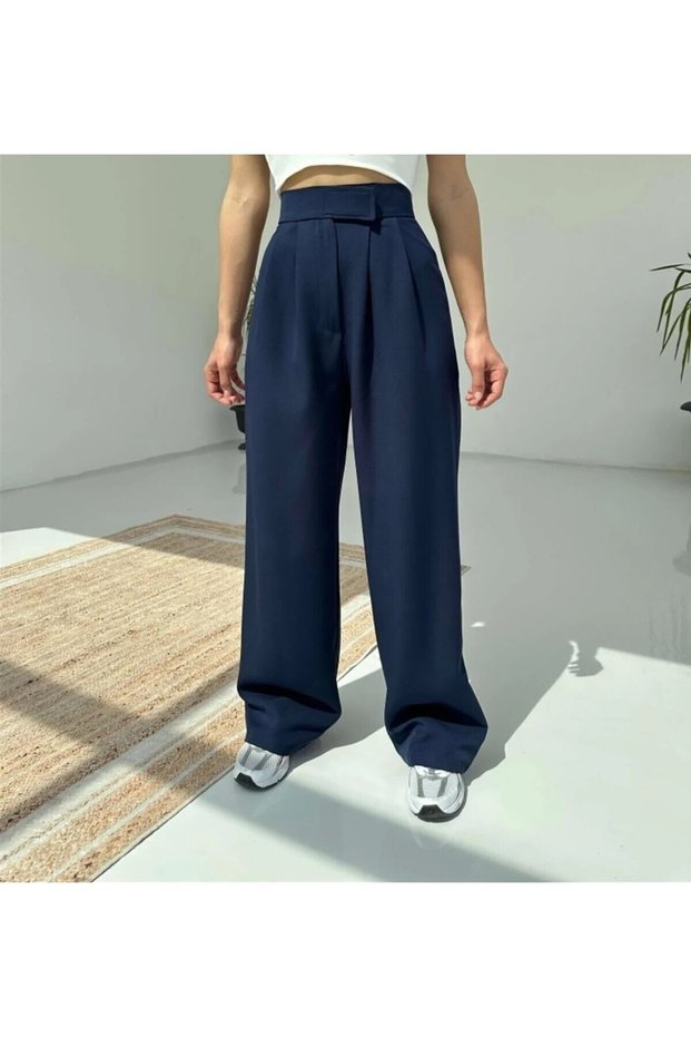 Women's Navy Blue High Waist Velcro Pleated Palazzo Trousers