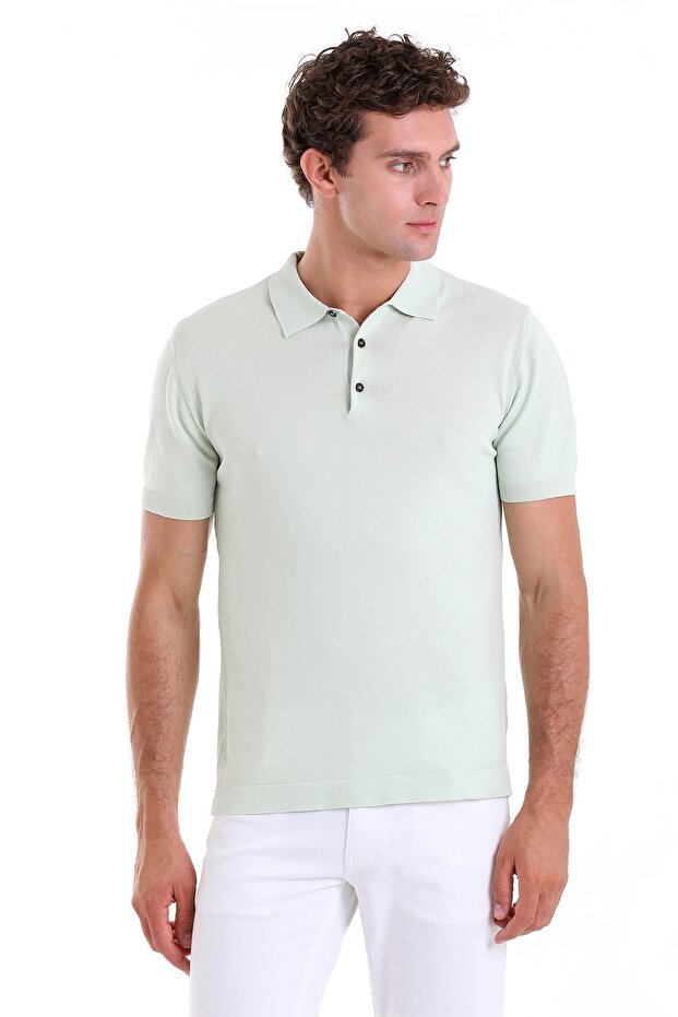 Green Comfort Fit Plain Polo Neck Rayon Knitwear T-Shirt
