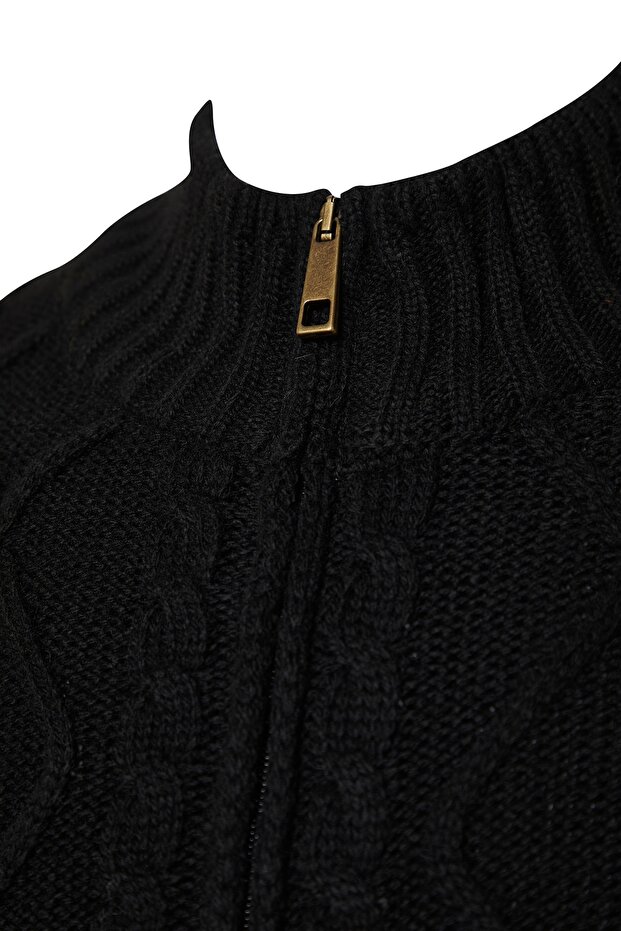 Siyah Slim Fit Yünlü Örgü Detaylı Fermuarlı Cepli Triko Hırka TMNAW21HI0349 - 7