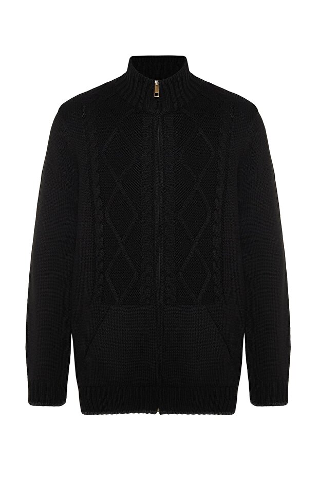 Siyah Slim Fit Yünlü Örgü Detaylı Fermuarlı Cepli Triko Hırka TMNAW21HI0349 - 6