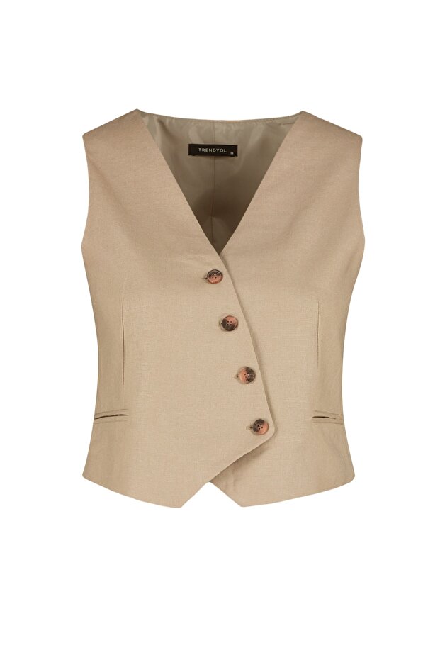 Bej Fitted Crop Dokuma Keten Görünümlü Yelek TWOSS23YE00016 - 9