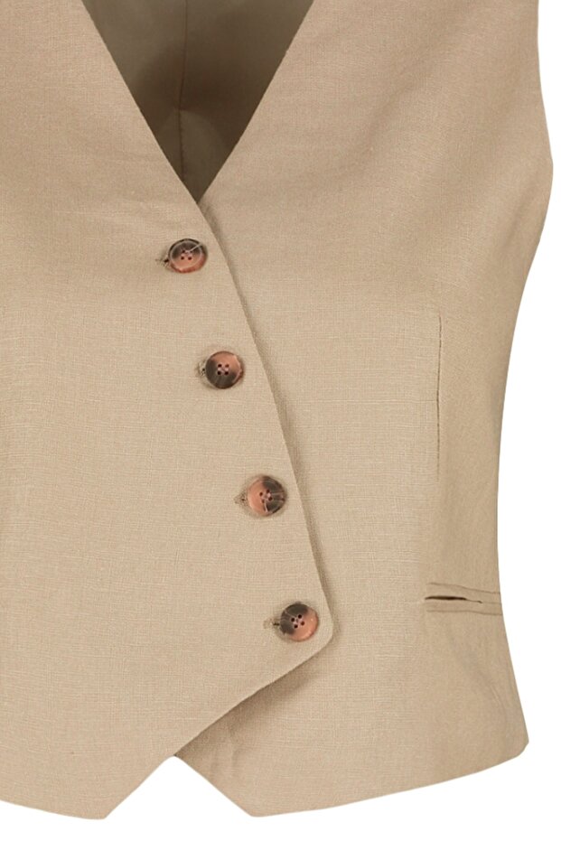 Bej Fitted Crop Dokuma Keten Görünümlü Yelek TWOSS23YE00016 - 10