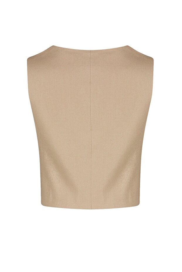Bej Fitted Crop Dokuma Keten Görünümlü Yelek TWOSS23YE00016 - 11