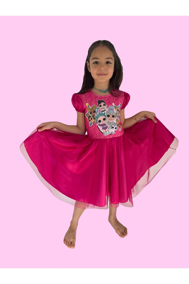 Girl's Lol Dolls Printed, Tulle Kiloş Skirt, Summer Pink Dress