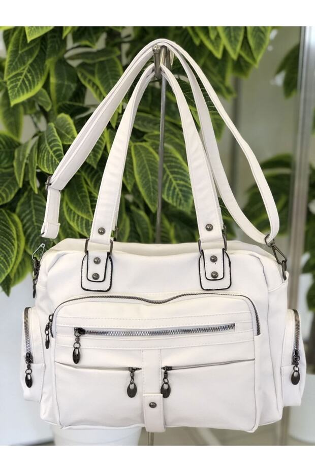 Women's White Washed Leather Multi-Compartment Shoulder and Shoulder Bag