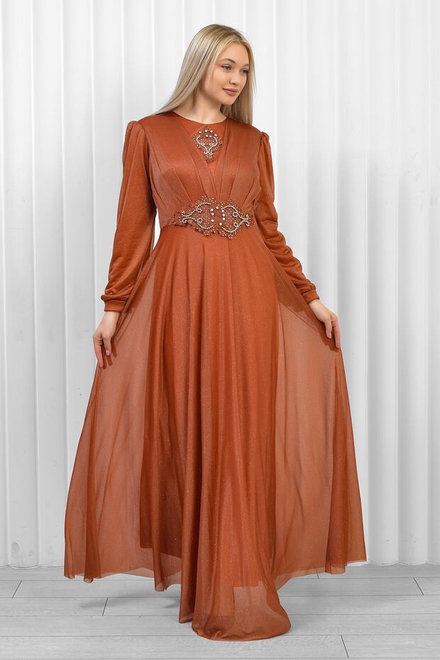 Tesettürlü Abiye Elbise - Simli - 1